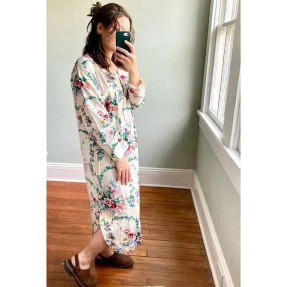 Vintage 90s Floral Henley Bow Nightgown Grunge Cottagecore Midi Dress - Picture 2 of 9